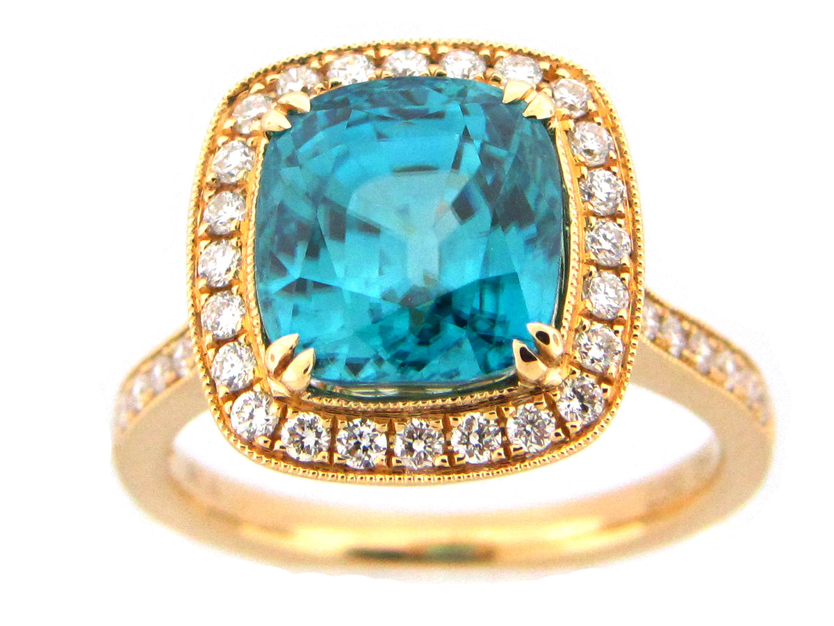 BLUE ZIRCON & DIAMOND RING, 18KY (H)