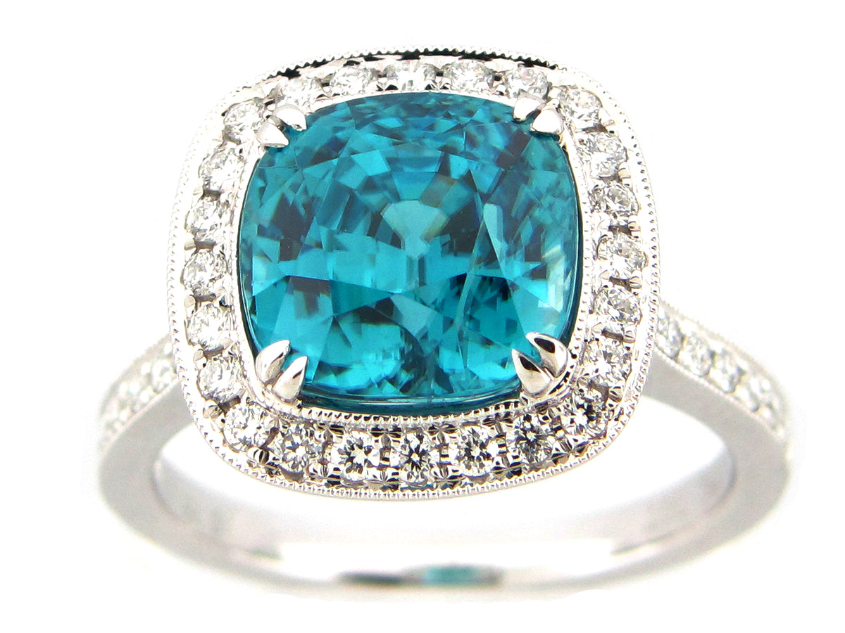 BLUE ZIRCON & DIAMOND RING, 18KW (H)
