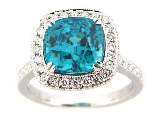 BLUE ZIRCON & DIAMOND RING, 18KW (H)