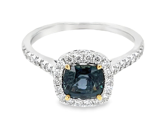 NATURAL NO HEAT GREEN SAPPHIRE CUSHION & DIAMOND HALO RING