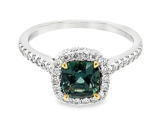 NATURAL NO HEAT GREEN SAPPHIRE CUSHION & DIAMOND HALO RING