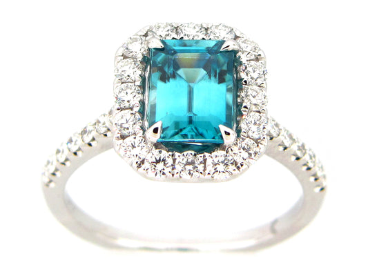 BLUE ZIRCON & DIAMOND RING, 18KW (H)