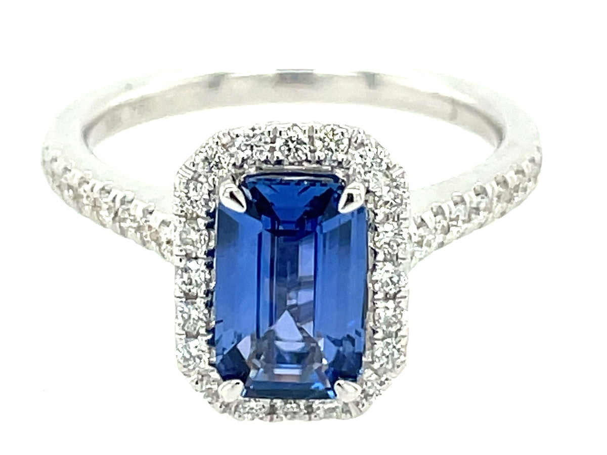 SAPPHIRE EMERALD CUT & DIAMOND HALO RING