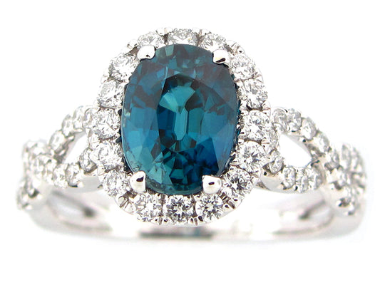 BLUE ZIRCON & DIAMOND RING, 18KW (H)