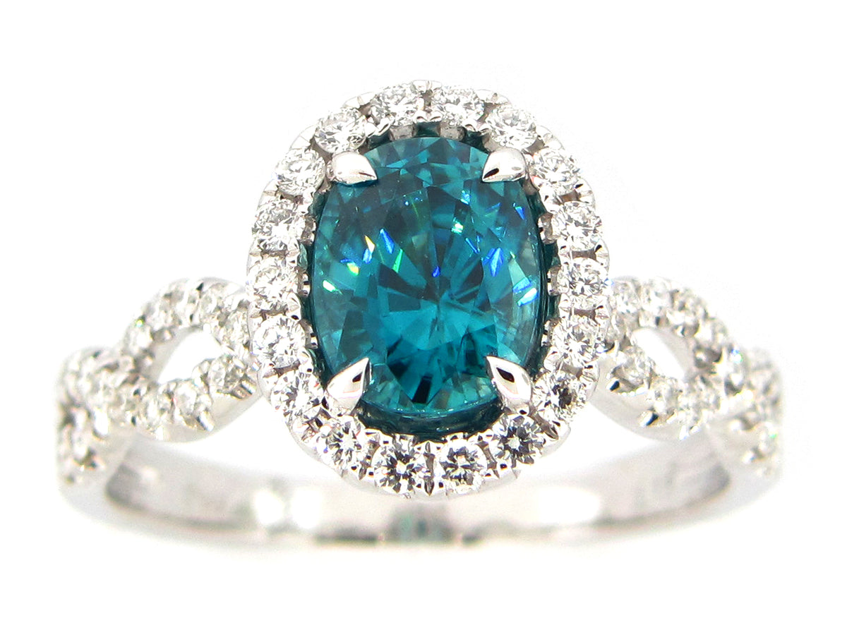 BLUE ZIRCON & DIAMOND RING, 18KW (H)