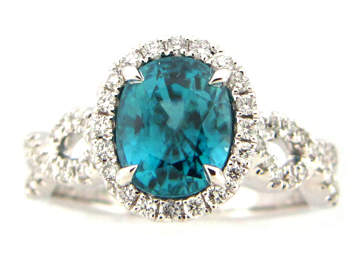 BLUE ZIRCON & DIAMOND RING, 18KW (H)