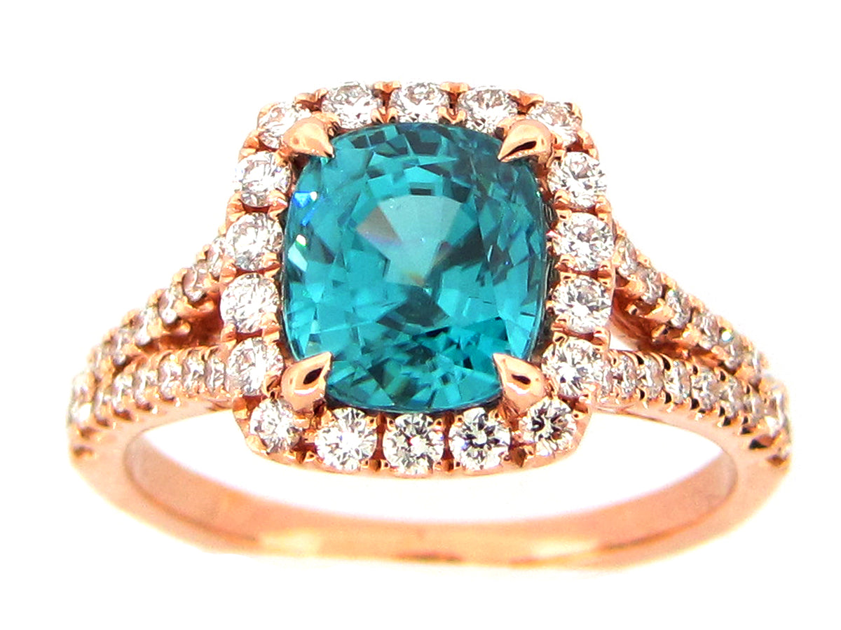 BLUE ZIRCON & DIAMOND RING, 18KR (H)
