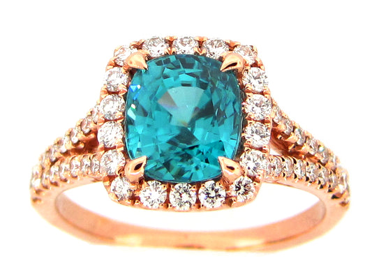BLUE ZIRCON & DIAMOND RING, 18KR (H)
