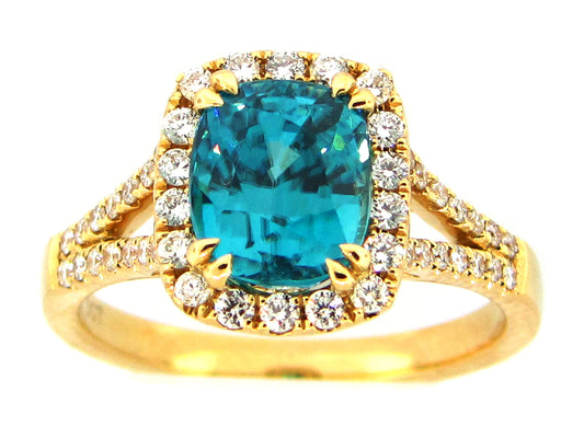 BLUE ZIRCON & DIAMOND RING, 18KY (H)