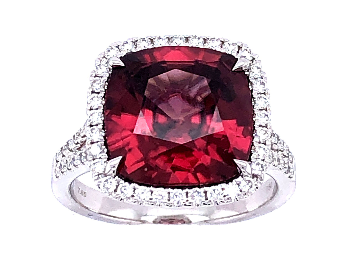RED ZIRCON & DIAMOND RING, 18KW (H)