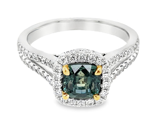 NATURAL NO HEAT GREEN SAPPHIRE CUSHION & DIAMOND HALO SPLIT SHANK RING