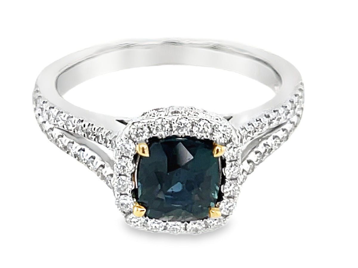 NATURAL NO HEAT GREEN SAPPHIRE CUSHION & DIAMOND HALO SPLIT SHANK RING