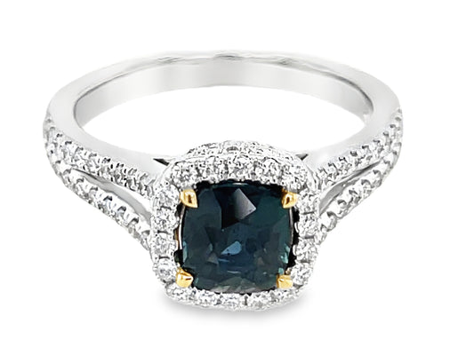 NATURAL NO HEAT GREEN SAPPHIRE CUSHION & DIAMOND HALO SPLIT SHANK RING