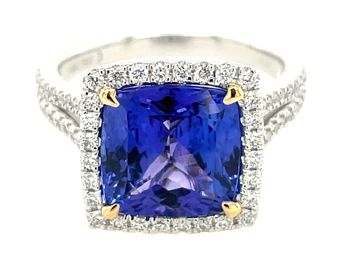 TANZANITE CUSHION & DIAMOND HALO SPLIT SHANK RING