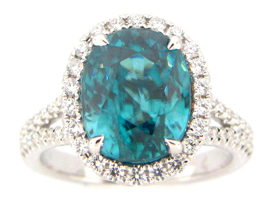 BLUE ZIRCON & DIAMOND RING, 18KW (H)