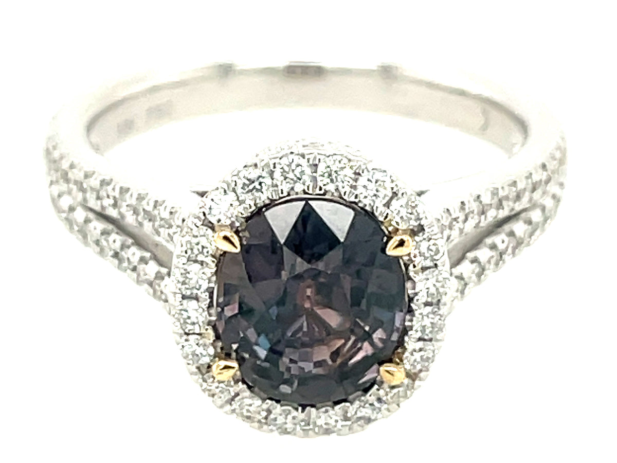 NATURAL NO HEAT OVAL COLOR CHANGE SAPPHIRE & DIAMOND HALO SPLIT SHANK RING, CERT#R202248176