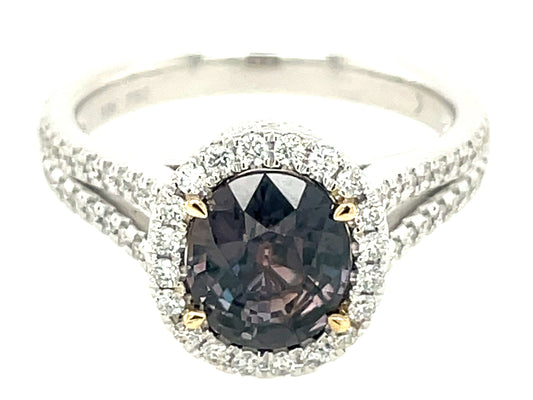 NATURAL NO HEAT OVAL COLOR CHANGE SAPPHIRE & DIAMOND HALO SPLIT SHANK RING, CERT#R202248176