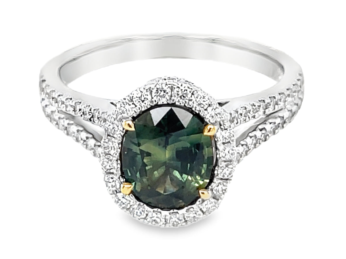 NATURAL NO HEAT GREEN SAPPHIRE OVAL & DIAMOND HALO SPLIT SHANK RING