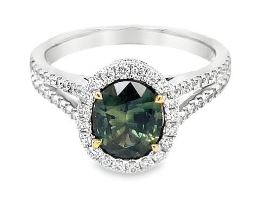 NATURAL NO HEAT GREEN SAPPHIRE OVAL & DIAMOND HALO SPLIT SHANK RING