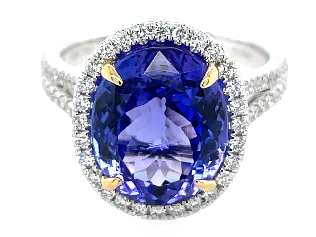 TANZANITE OVAL & DIAMOND HALO SPLIT SHANK RING