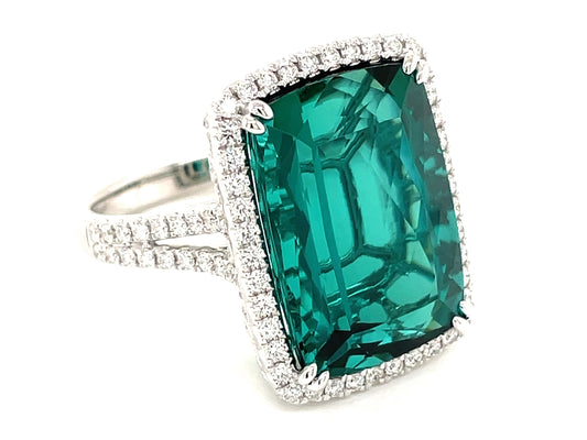BLUE GREEN TOURMALINE & DIAMOND RING, 18KW (H)