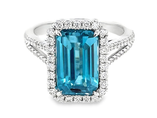 BLUE ZIRCON E/C & DIAMOND HALO SPLIT SHANK RING