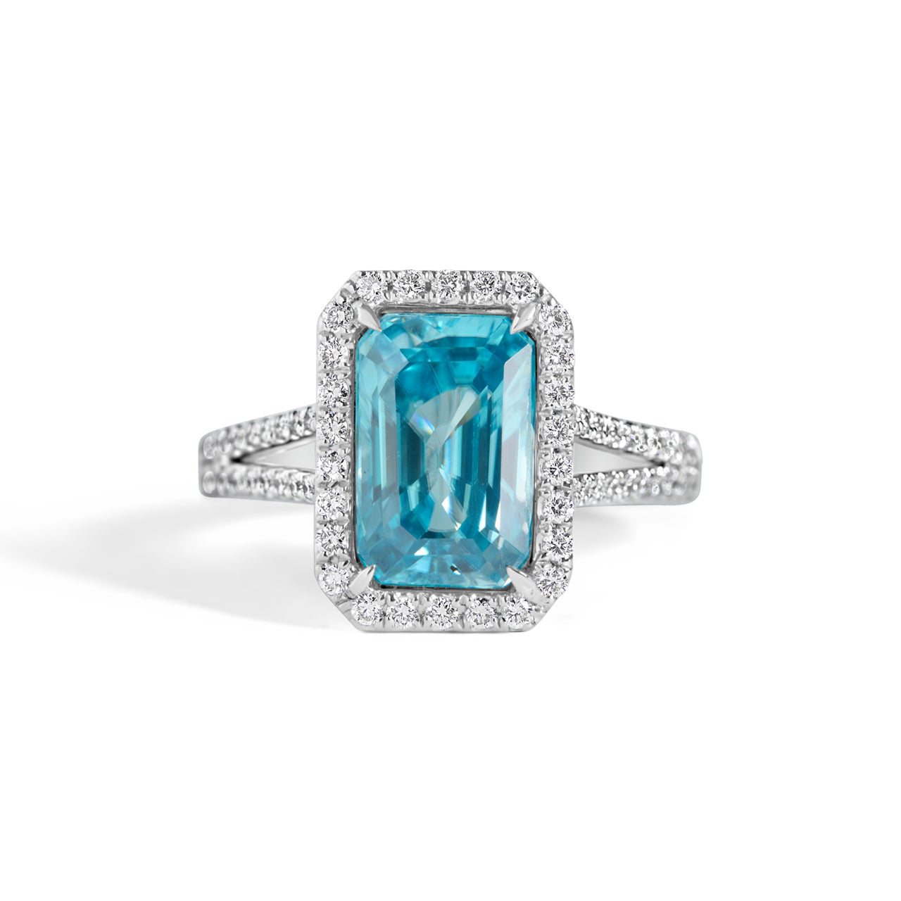 Emerald Cut Blue Zircon & Diamond Ring
