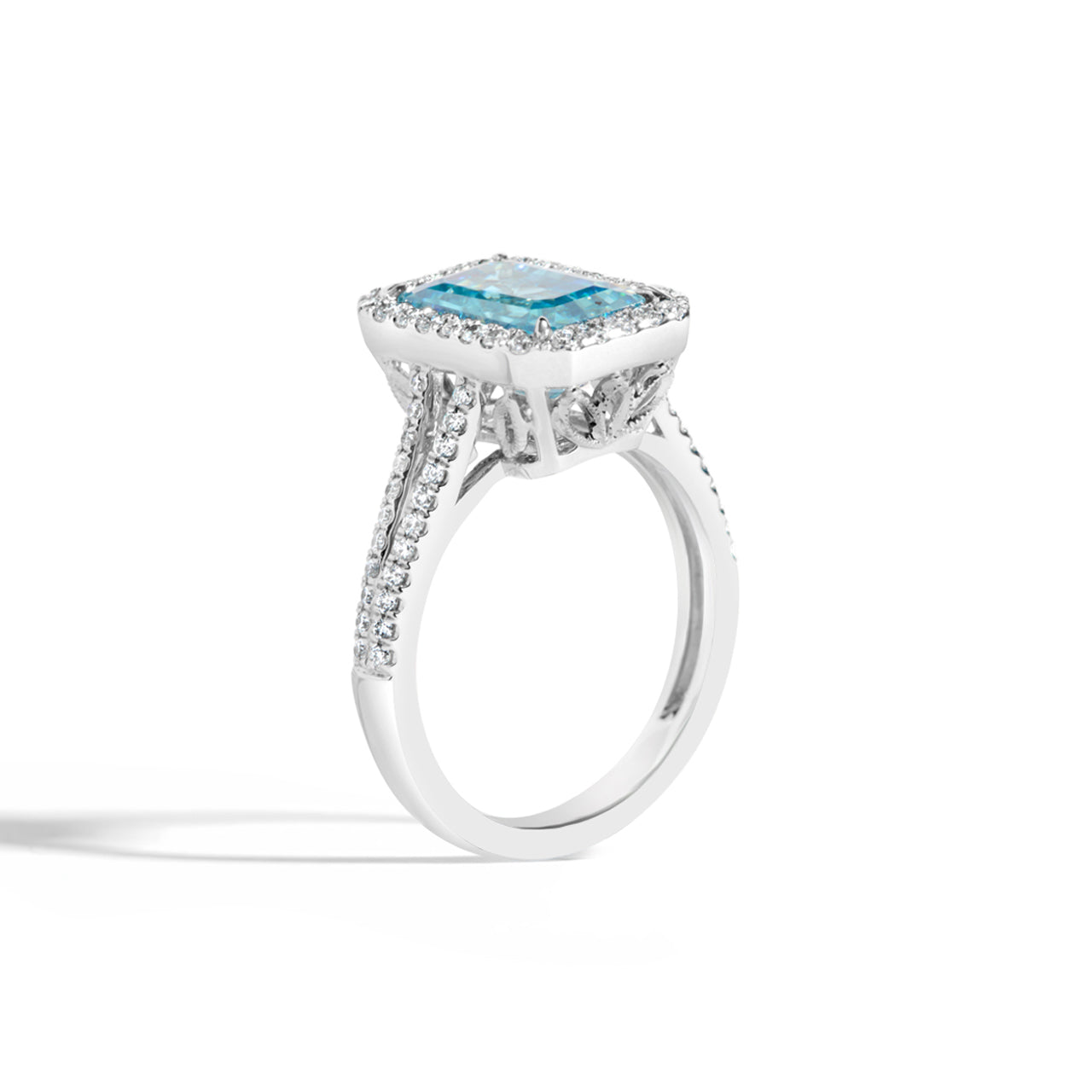 Emerald Cut Blue Zircon & Diamond Ring