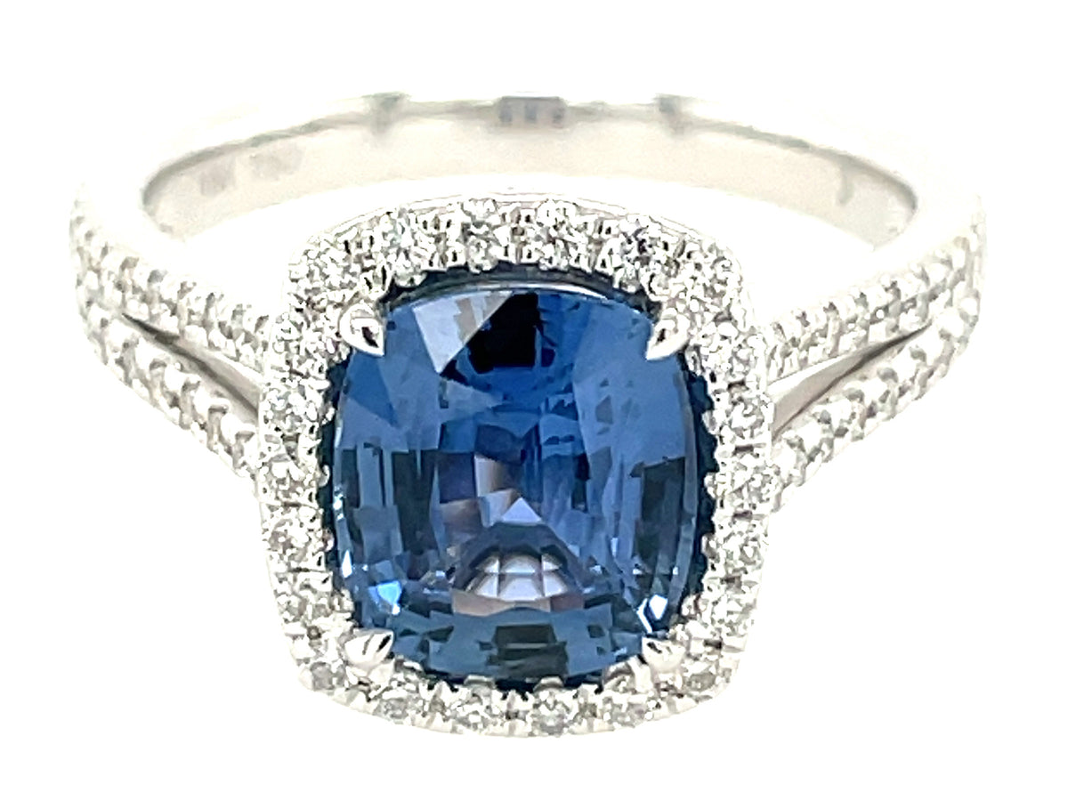 Sapphire Cushion Diamond Halo Split Shank Ring