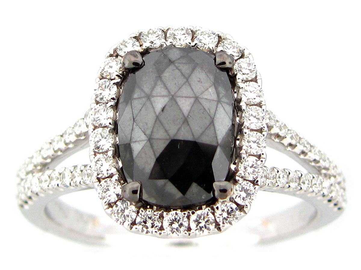 ROSE CUT BLACK & WHITE DIAMOND RING, 18KW (R)