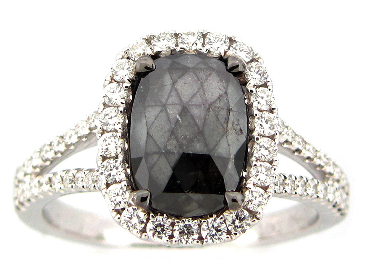 ROSE CUT BLACK & WHITE DIAMOND RING, 18KW (R)