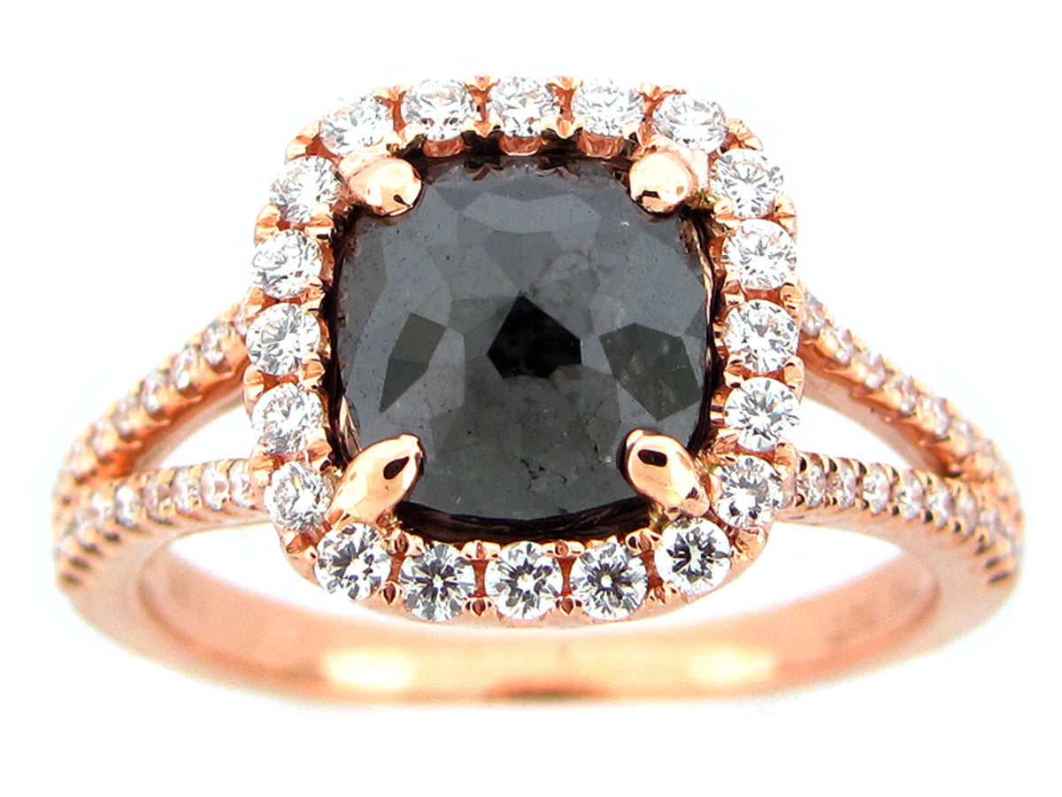 ROSE CUT BLACK & WHITE DIAMOND RING, 18KR (R)
