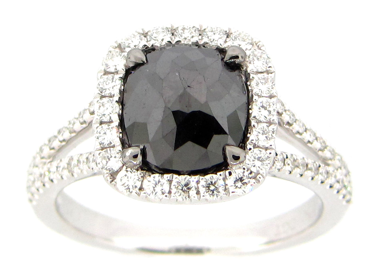 ROSE CUT BLACK & WHITE DIAMOND RING, 18KW (R)