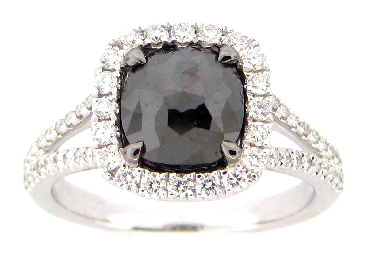 ROSE CUT BLACK & WHITE DIAMOND RING, 18KW (R)