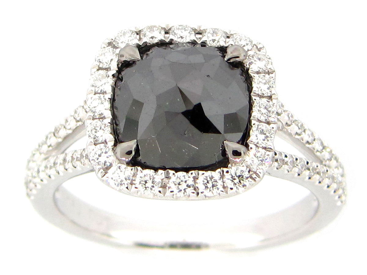 ROSE CUT BLACK & WHITE DIAMOND RING, 18KW (R)