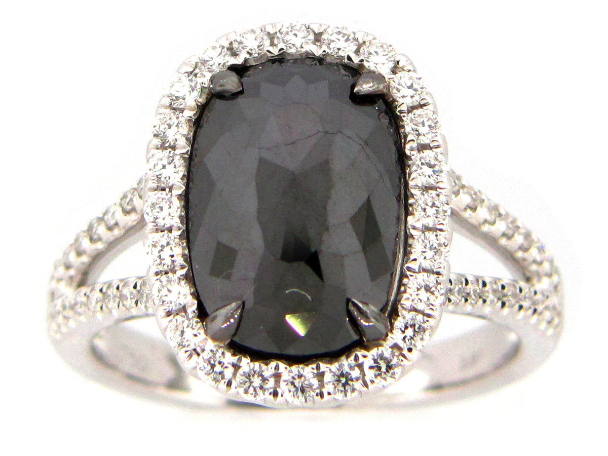 ROSE CUT BLACK & WHITE DIAMOND RING, 18KW (R)