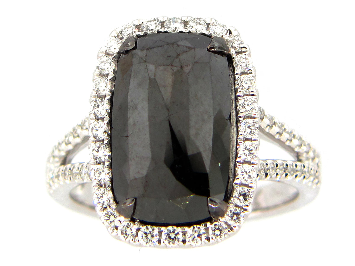 ROSE CUT BLACK & WHITE DIAMOND RING, 18KW (R)