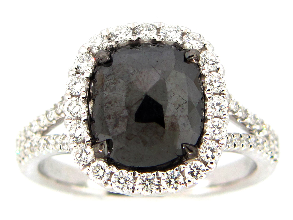 ROSE CUT BLACK & WHITE DIAMOND RING, 18KW (R)