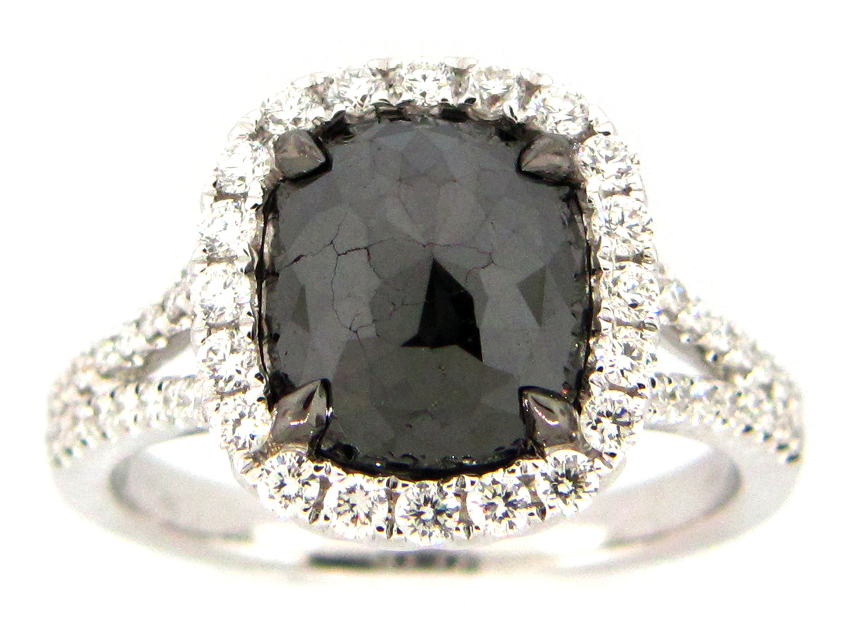 ROSE CUT BLACK & WHITE DIAMOND RING, 18KW (R)