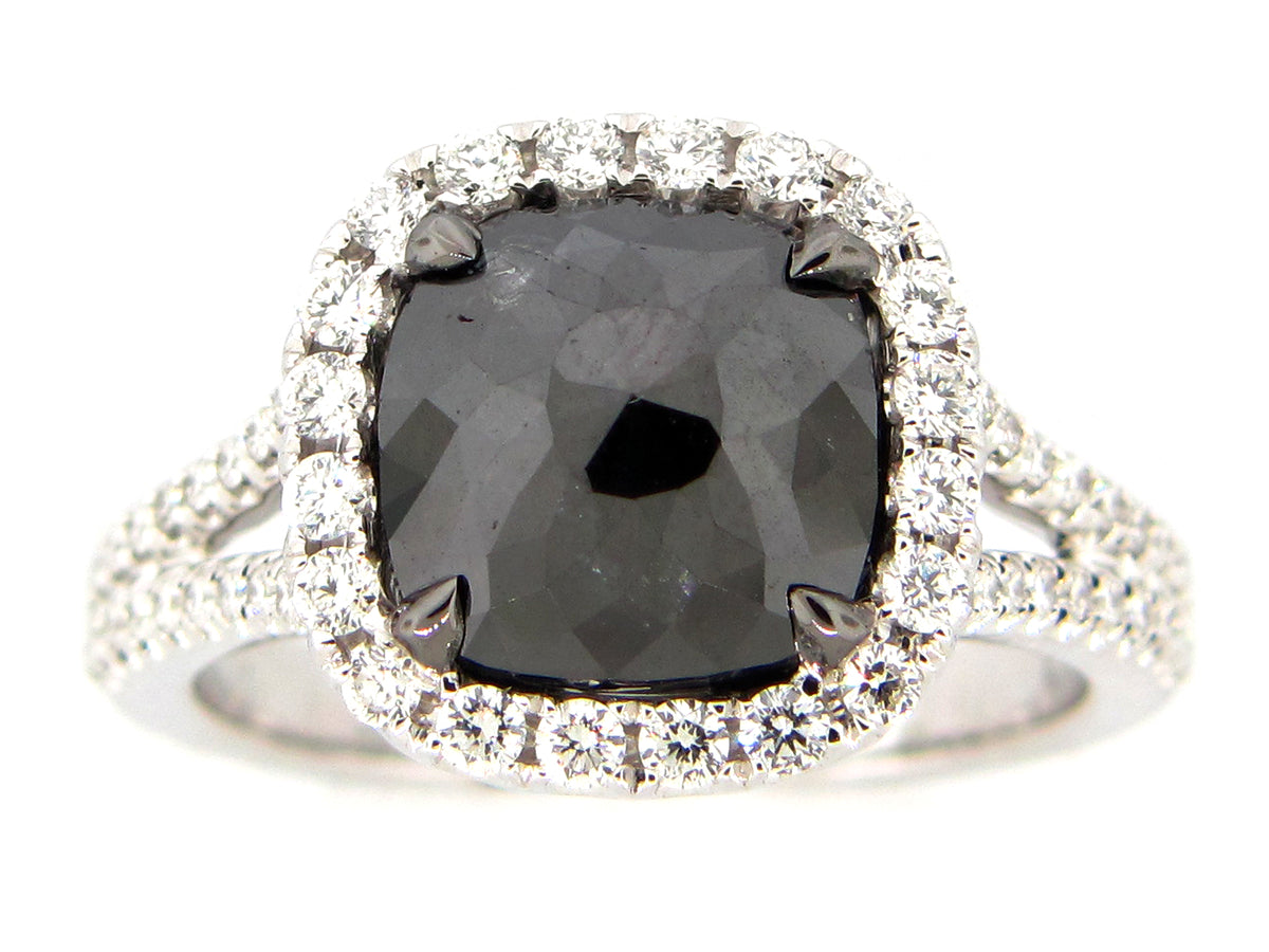 ROSE CUT BLACK & WHITE DIAMOND RING, 18KW (R)