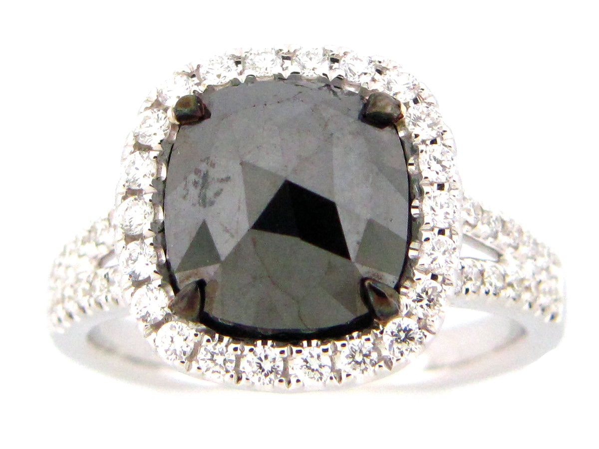 ROSE CUT BLACK & WHITE DIAMOND RING, 18KW (R)