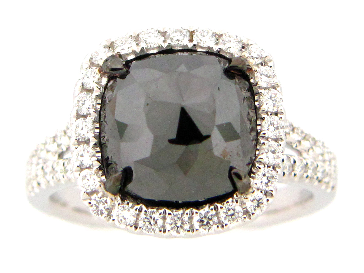 ROSE CUT BLACK & WHITE DIAMOND RING, 18KW (R)
