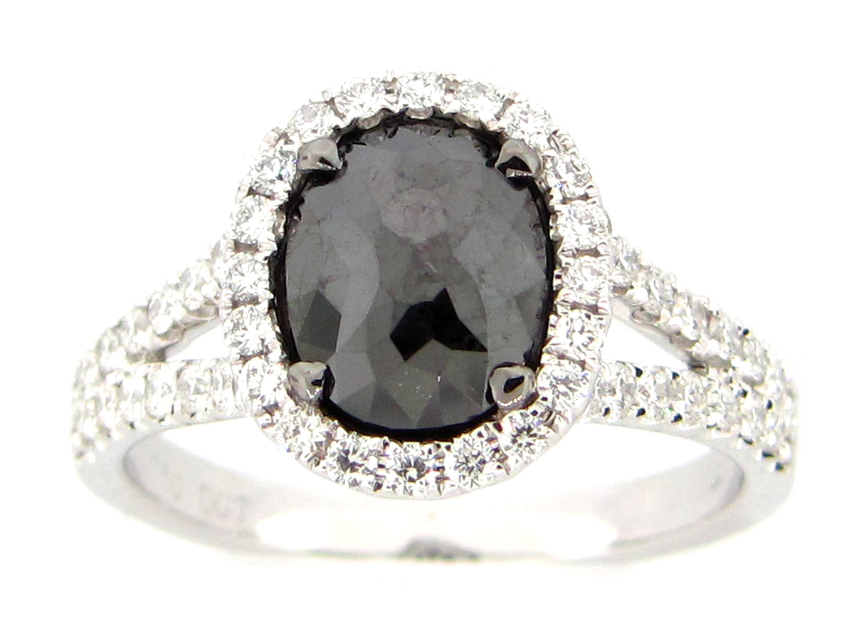 ROSE CUT BLACK & WHITE DIAMOND RING, 18KW (R)