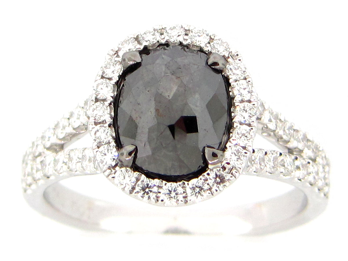 ROSE CUT BLACK & WHITE DIAMOND RING, 18KW (R)