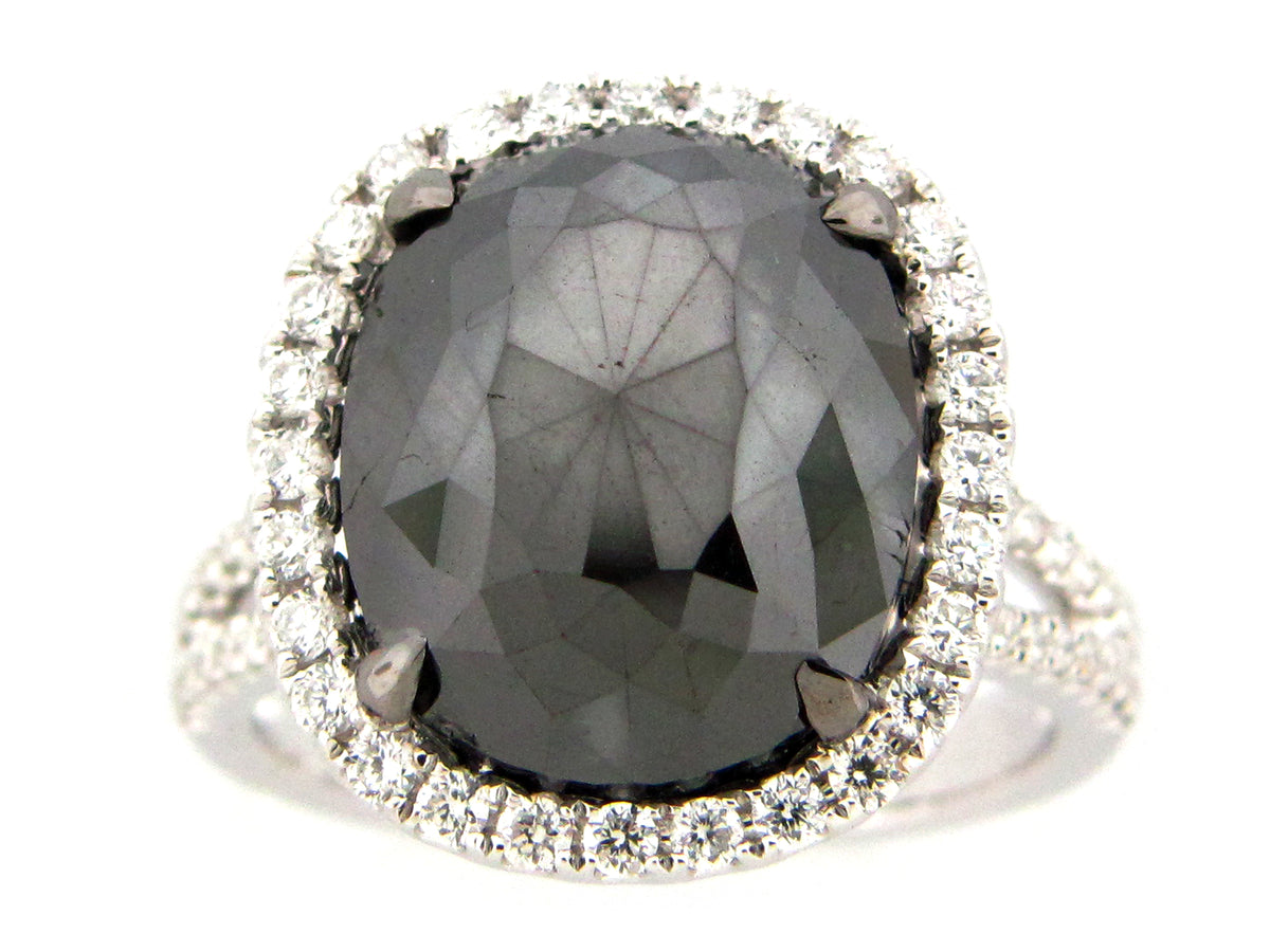 ROSE CUT BLACK & WHITE DIAMOND RING, 18KW (R)