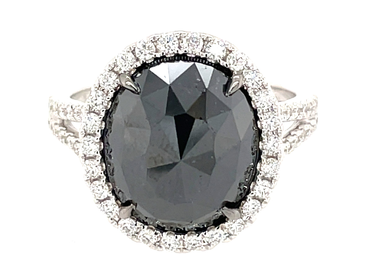 ROSE CUT BLACK & WHITE DIAMOND RING, 18KW (R)