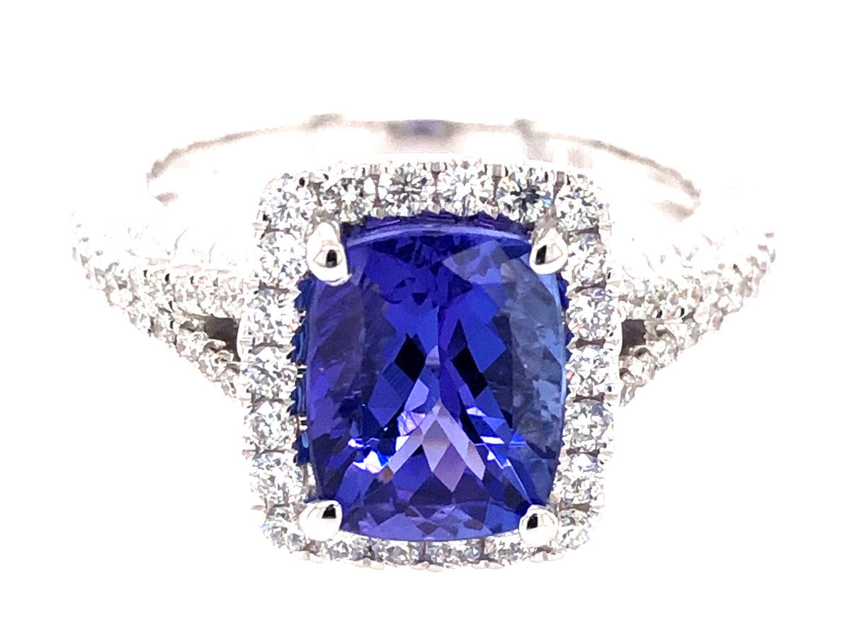 TANZANITE CUSHION & DIAMOND HALO SPLIT SHANK RING
