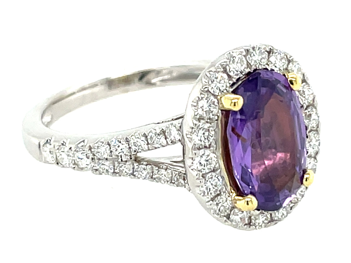 Purple Sapphire Oval Diamond Halo Split Shank Ring