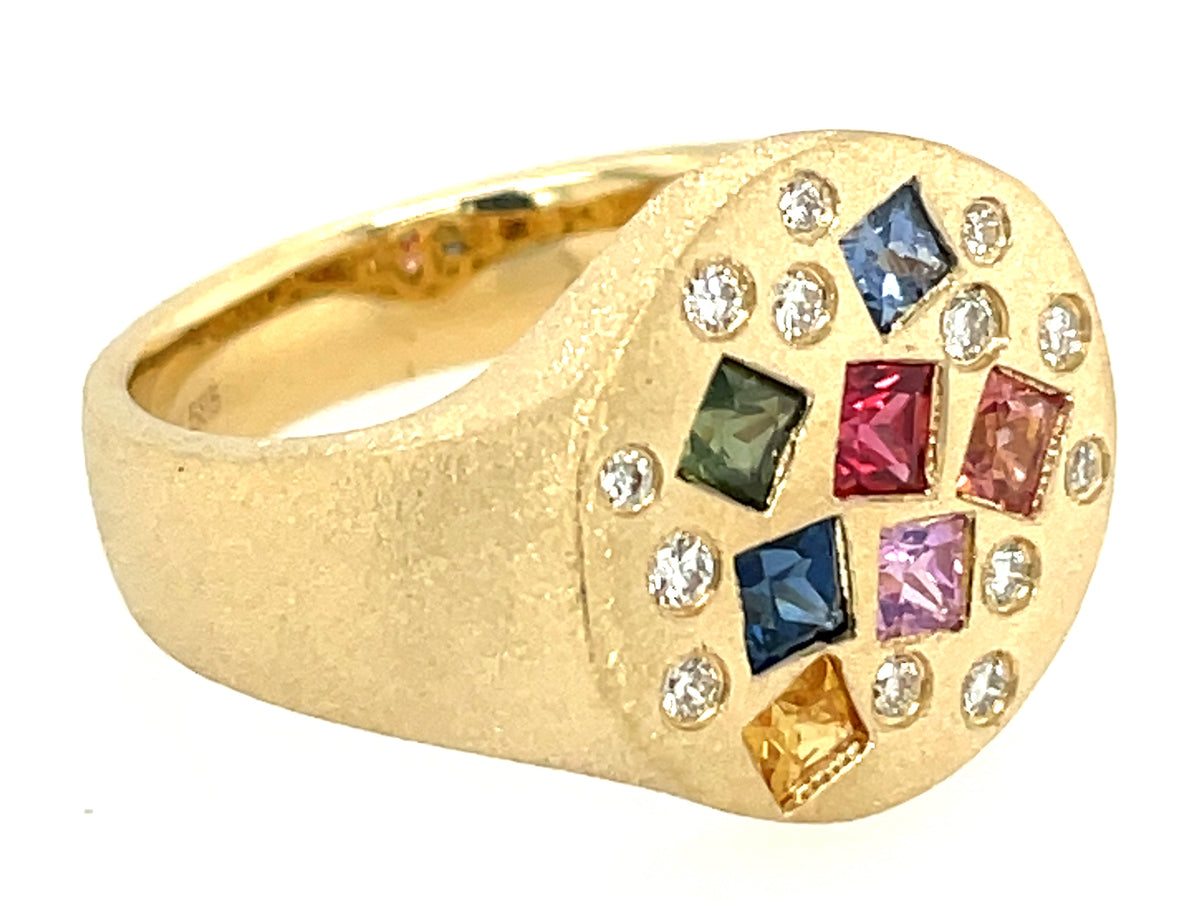 Rainbow Sapphire Princess & Diamond Scatter Signet Ring