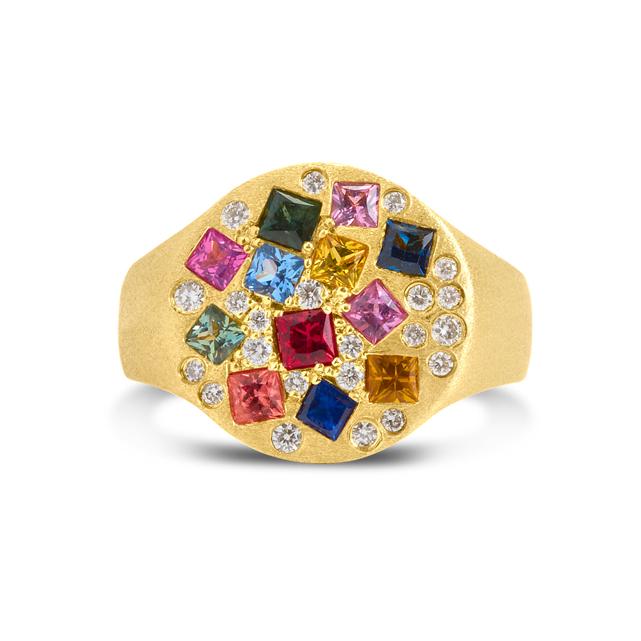 Rainbow Sapphire Princess & Diamond Scatter Signet Ring
